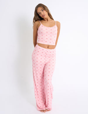 Kaiia Bow Print Cami Top & Trousers PJ Set Pink