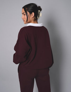 Kaiia Contrast Collar Oversized Rugby Sweatshirt Burgundy