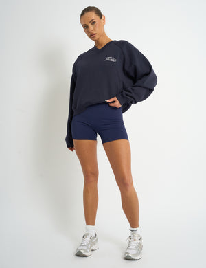 Kaiia Script V Neck Oversized Sweatshirt Navy & Yellow