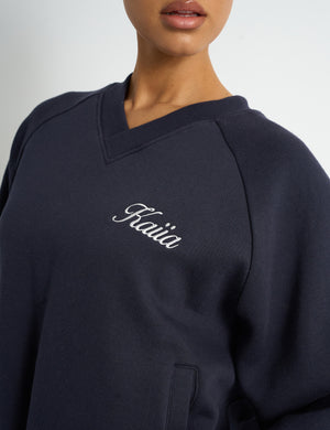 Kaiia Script V Neck Oversized Sweatshirt Navy & Yellow