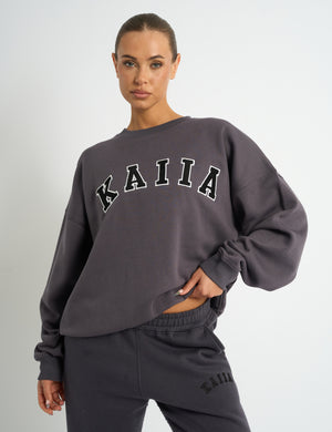 Kaiia Slogan Oversized Sweatshirt Dark Grey