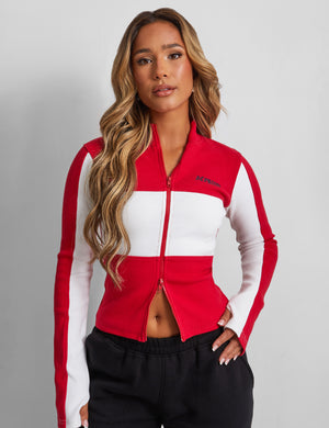 Kaiia Motocross Zip Through Ribbed Long Sleeve Top Red