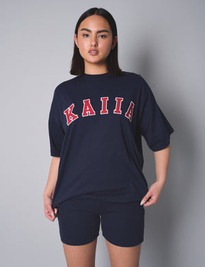 Kaiia Slogan Oversized Top Navy With Red