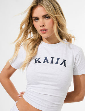 Kaiia Longline Baby Tee Light Grey Marl & Navy