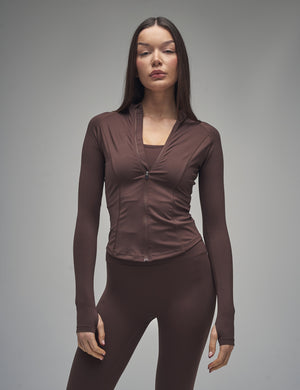 Kaiia Sculpt Long Sleeve Zip Through Fitted Jacket Chocolate