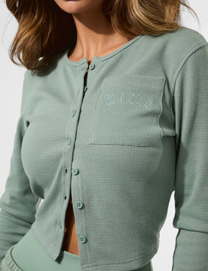 Kaiia Waffle Button Up Long Sleeve Top Green Tea