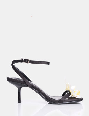 Nara Black Satin White Orchid Flower Square Toe Stiletto Mid Heels