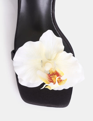 Nara Black Satin White Orchid Flower Square Toe Stiletto Mid Heels