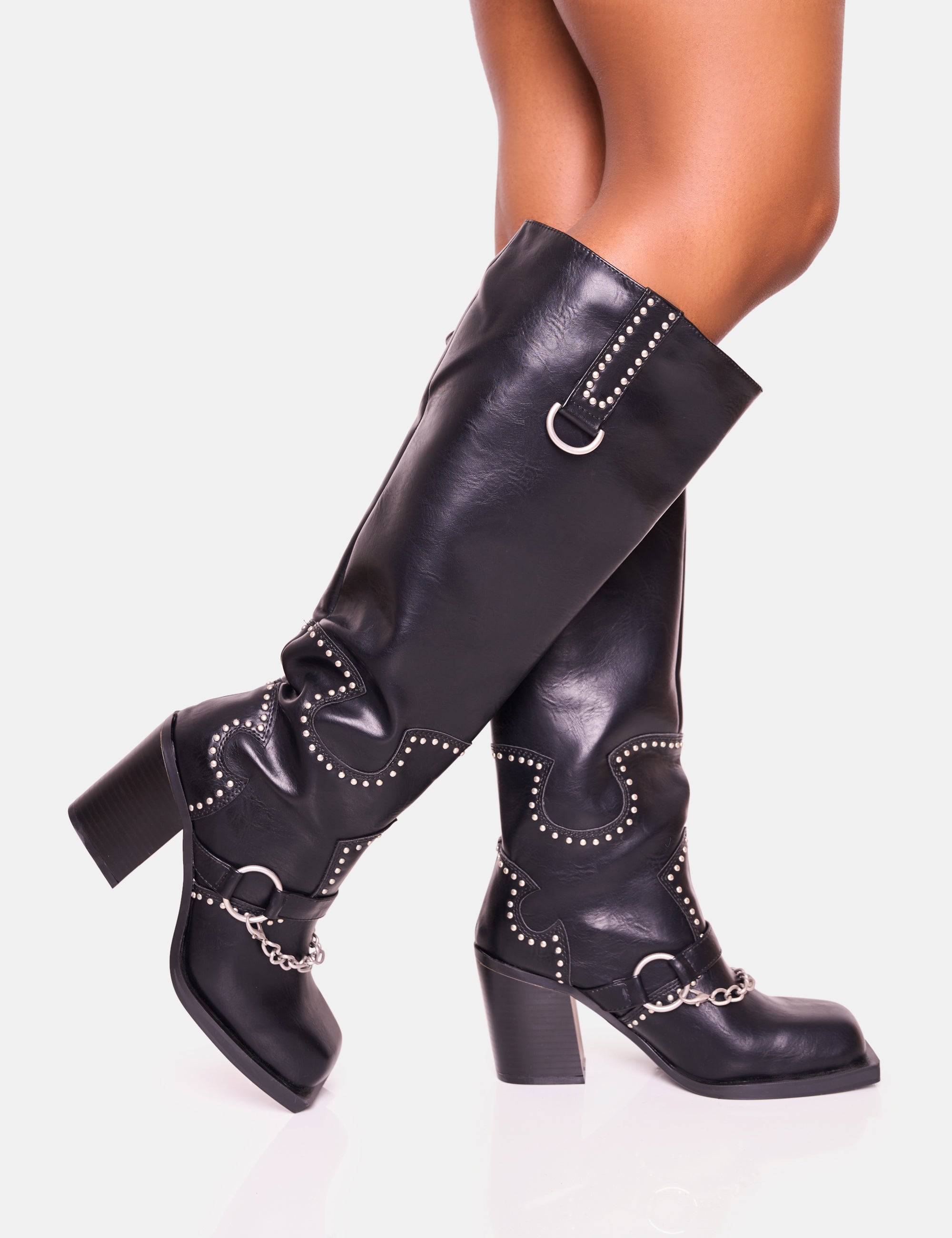 Black studded knee high boots hotsell