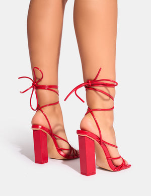 Nyla Red Patent Strappy Lace Up Square Toe Block Heels