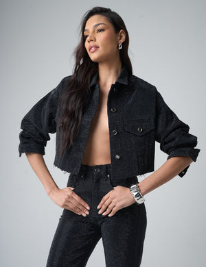 Diamante Denim Cropped Jacket Black