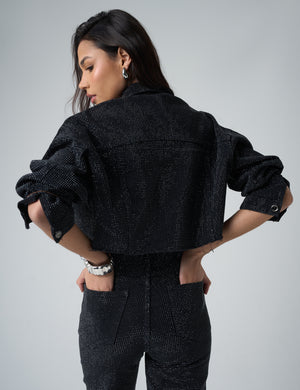 Diamante Denim Cropped Jacket Black