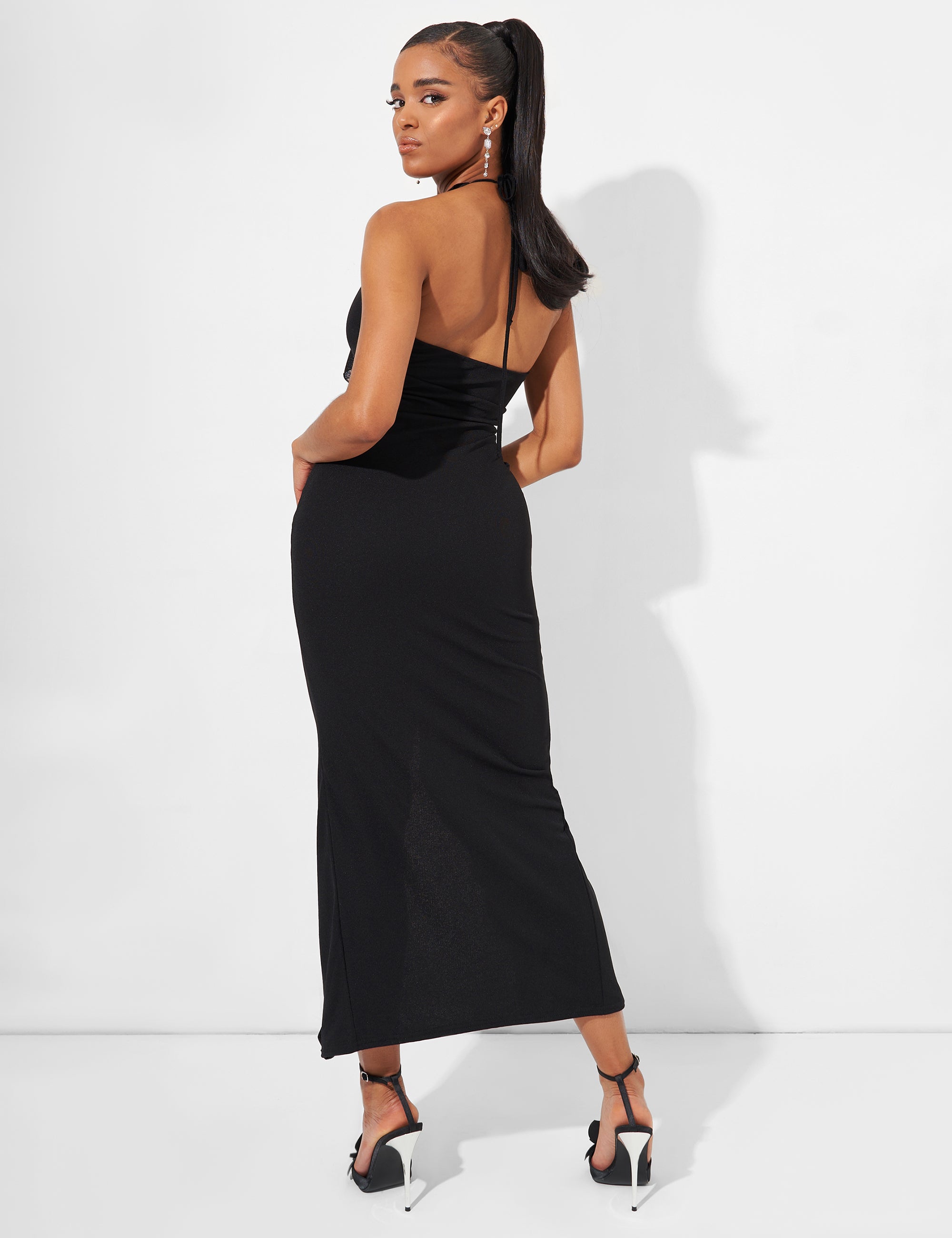 Ruffle Detail Deep Plunge Maxi Dress in Black Public Desire