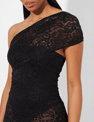 Kaiia One Shoulder Lace Ruched Mini Dress in Black