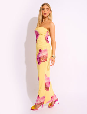 Slinky Bandeau Floral Print Maxi Dress Yellow