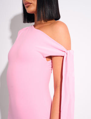 Knot Detail Asymmetric One Shoulder Luxe Slinky Mini Dress Pink