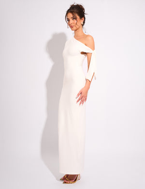 Knot Detail Asymmetric One Shoulder Luxe Slinky Maxi Dress White