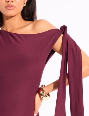 Knot Detail Asymmetric One Shoulder Luxe Slinky Mini Dress Burgundy