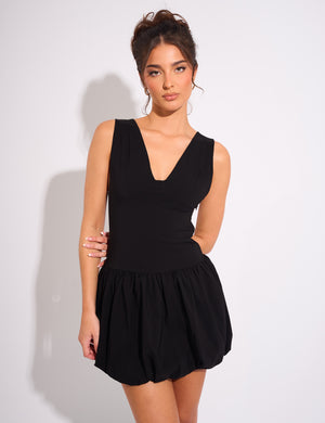 Plunge Bubble Hem Mini Dress Black