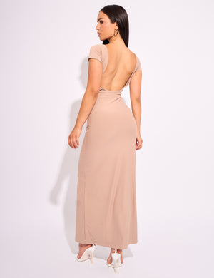 Slinky Open Back Detail Luxe Maxi Dress Stone