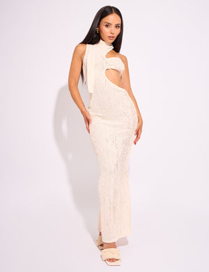 Textured Asymmetric Cut Out Maxi Dress Cream