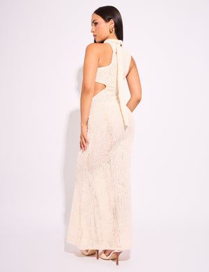 Textured Asymmetric Cut Out Maxi Dress Cream