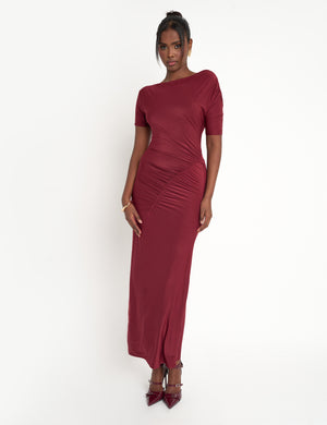 Slinky Ruched Detail Maxi Dress Burgundy