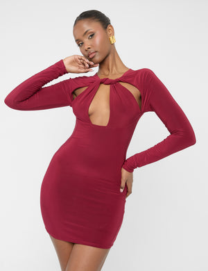 Twist Detail Plunge Mini Dress Burgundy