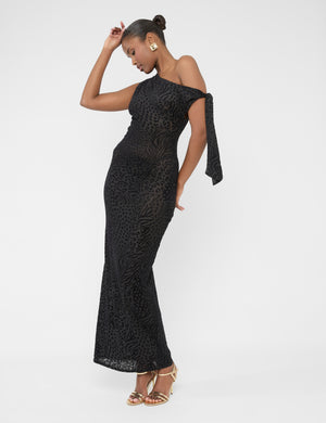 Knot Detail Asymmetric One Shoulder Maxi Dress Devore Leopard Black