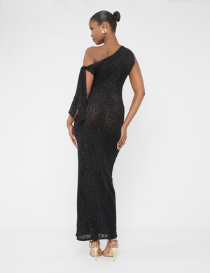 Knot Detail Asymmetric One Shoulder Maxi Dress Devore Leopard Black