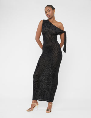 Knot Detail Asymmetric One Shoulder Maxi Dress Devore Leopard Black