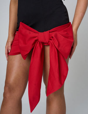 Strappy Tie Shoulder Red Bow Detail Mini Dress Black