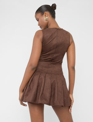 Suedette Buckle Detail Pleated Mini Dress Brown