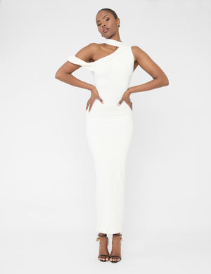 Asymmetric One Shoulder Choker Detail Luxe Slinky Midi Dress White