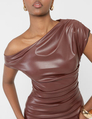 Faux Leather Ruched Detail One Shoulder Mini Dress Brown