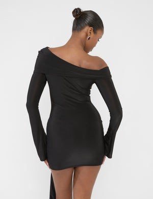 Knot Drape Detail Slinky Long Sleeve Mini Dress Black