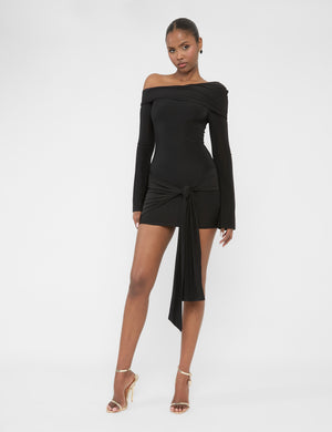 Knot Drape Detail Slinky Long Sleeve Mini Dress Black