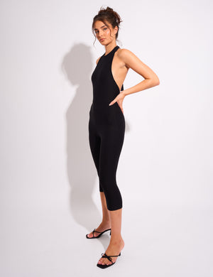 Tie Back Luxe Slinky Capri Jumpsuit Black