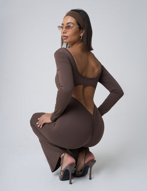 Cut Out Back Detail Long Sleeve Jumpsuit Beige