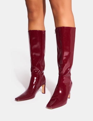 Pose Burgundy Patent Zip Knee High Slim Block Heeled Boots