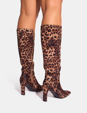 Pose Leopard Zip Up Knee High Slim Block Heeled Boots Public Desire