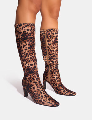 Pose Leopard Wide Fit Zip Up Knee High Slim Block Heeled Boots