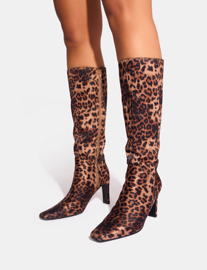 Pose Leopard Wide Fit Zip Up Knee High Slim Block Heeled Boots