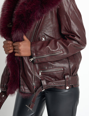 Faux Fur Trim Aviator Jacket Burgundy