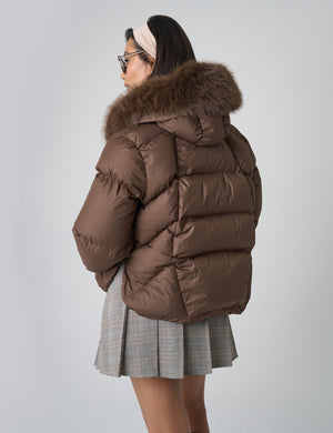 Faux Fur Trim Hooded Puffer Coat Chocolate