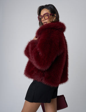 Oversized Collar Faux Fur Jacket Burgundy