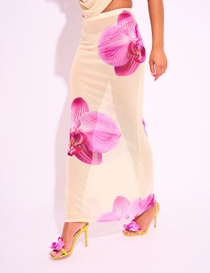 Printed Floral Mesh Maxi Skirt Co-ord Yellow