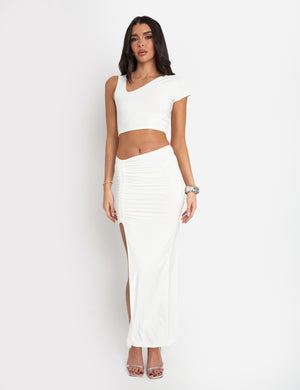 Slinky Asymmetric Ruched Maxi Skirt Co Ord White