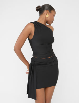 Knot Detail Asymmetric One Shoulder Luxe Slinky Top Black