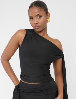 Knot Detail Asymmetric One Shoulder Luxe Slinky Top Black